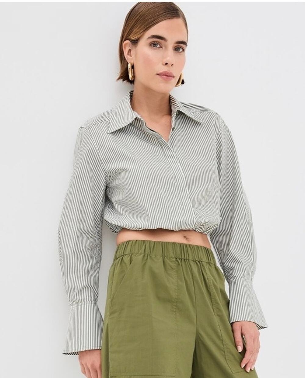 SIMKHAI Blythe Cropped Button Down Blouse Green Striped Women's S